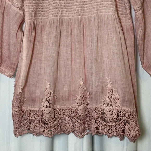 Soft Surroundings Smocked Lace Hem Peasant Blouse Pink Cotton Top Small - Picture 11 of 12